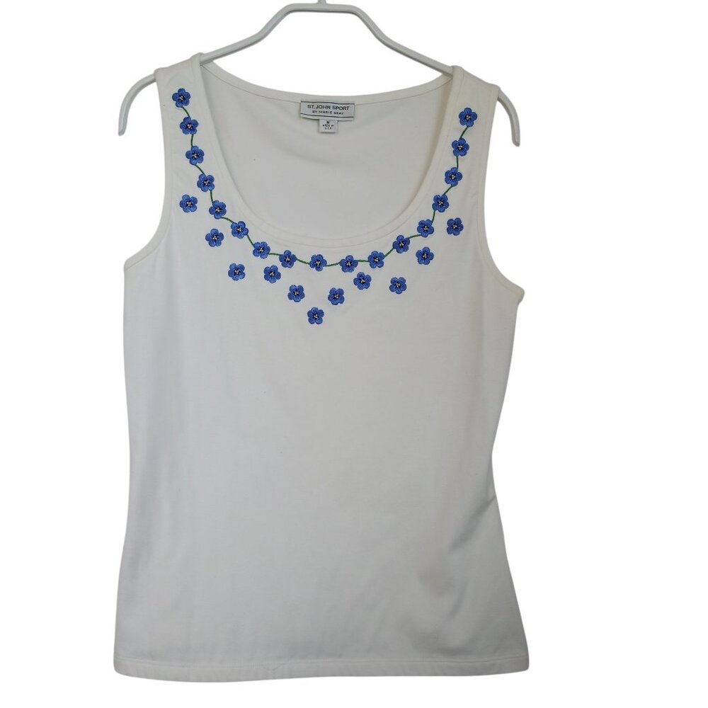 St John Sport Top Embroidered Floral Pansy Tank‎ Sleeveless Tee Womens Medium